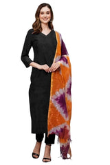 ANNI Designer Women's Rayon Viscose Straight Solid Kurta with Pant & Dupatta (Black & Orange)