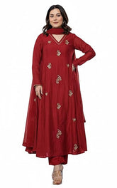 KLOSIA Women Embroidery Solid Anarkali Kurta and Pant Set with Dupatta (Red)
