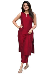 ANNI Designer Women’s Rayon Viscose Straight Solid Kurta with Palazzo Set | Sleeveless Ethnic Wear | Comfortable Two Piece Outfit for Office, Casual & Daily Use (Red)