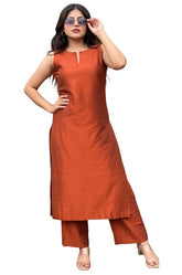ANNI Designer Women’s Rayon Viscose Straight Solid Kurta with Palazzo Set | Sleeveless Ethnic Wear | Comfortable Two Piece Outfit for Office, Casual & Daily Use (Orange)
