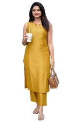 ANNI Designer Women’s Rayon Viscose Straight Solid Kurta with Palazzo Set | Sleeveless Ethnic Wear | Comfortable Two Piece Outfit for Office, Casual & Daily Use (Mustard)