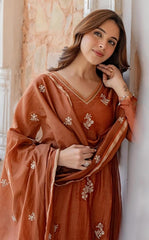 KLOSIA Women Embroidery Solid Anarkali Kurta and Pant Set with Dupatta (Orange)