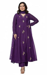 KLOSIA Women Embroidery Solid Anarkali Kurta and Pant Set with Dupatta (Purple)