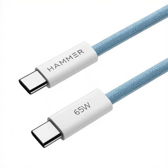 HAMMER Type C to Type C Cable 65W Braided, PD Fast Charging, Data Sync, 1.5 Meter Tangle Free Wire, Compatible with all C-Type Enabled Devices (Blue)