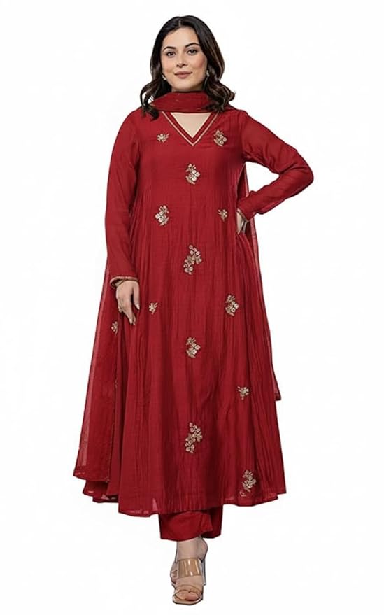 KLOSIA Women Embroidery Solid Anarkali Kurta and Pant Set with Dupatta (Red)