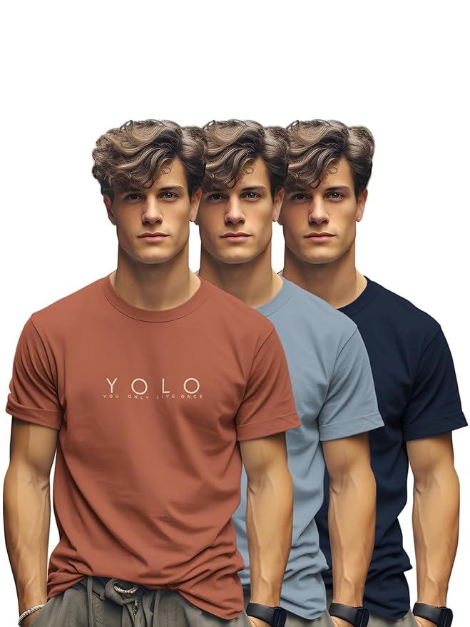 Cotton Blend Crew Neck/Round Neck Half Sleeve Tshirt for Men - Pack of 3 (Brick/Bluish Grey/Navy Blue)