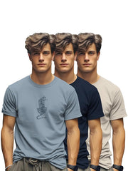 BULLMER Trendy Printed Cotton Blend Crew Neck/Round Neck Half Sleeve Tshirt for Men - Pack of 3 (Bluish Grey/Navy Blue/Beige)