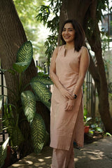 ANNI Designer Women’s Rayon Viscose Straight Solid Kurta with Palazzo Set | Sleeveless Ethnic Wear | Comfortable Two Piece Outfit for Office, Casual & Daily Use (Beige)