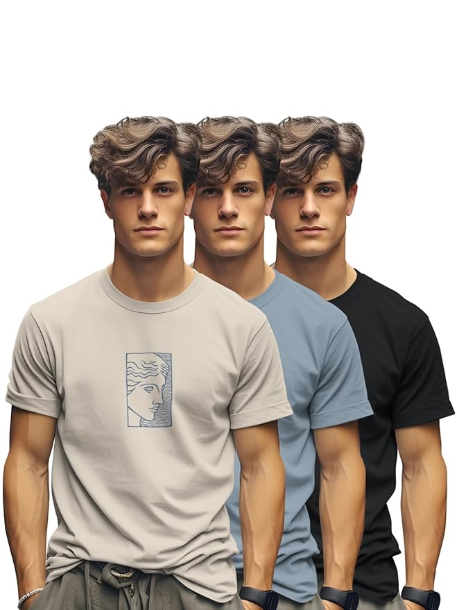 BULLMER Trendy Printed Cotton Blend Crew Neck/Round Neck Half Sleeve Tshirt for Men - Pack of 3 (Beige/Bluish Grey/Black)