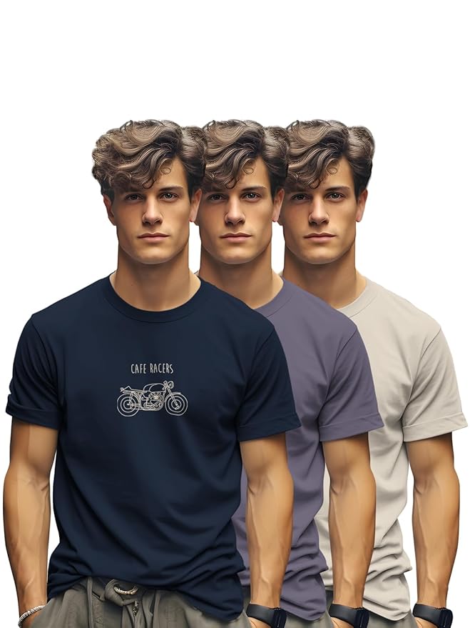 BULLMER Trendy Printed Cotton Blend Crew Neck/Round Neck Half Sleeve Tshirt for Men - Pack of 3 ( Navy Blue/Purple/Beige)