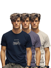 BULLMER Trendy Printed Cotton Blend Crew Neck/Round Neck Half Sleeve Tshirt for Men - Pack of 3 ( Navy Blue/Purple/Beige)