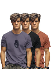 BULLMER Trendy Printed Cotton Blend Crew Neck/Round Neck Half Sleeve Tshirt for Men - Pack of 3 (Purple/Black/Brick)