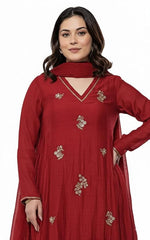 KLOSIA Women Embroidery Solid Anarkali Kurta and Pant Set with Dupatta (Red)