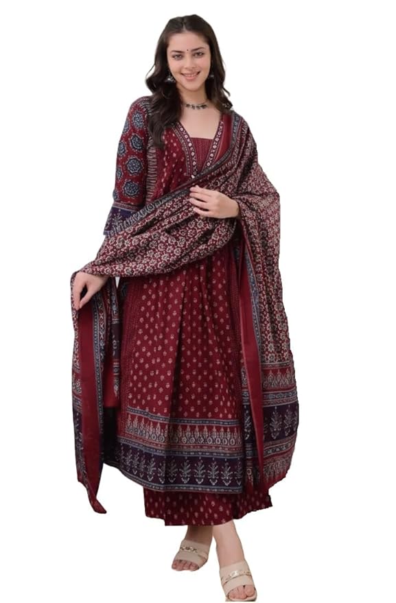 KLOSIA Women's Rayon Printed Anarkali Kurta and Pant with Dupatta Set (Maroon)