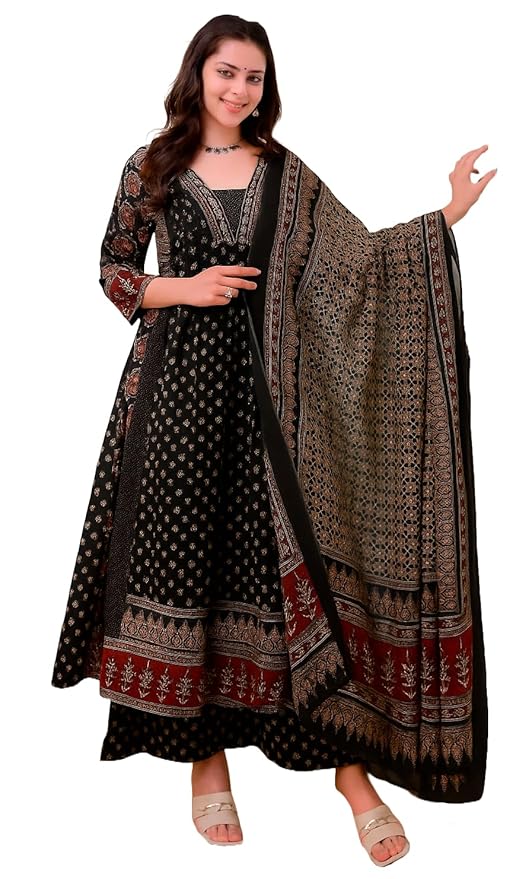 KLOSIA Women's Rayon Printed Anarkali Kurta and Pant with Dupatta Set (Black)