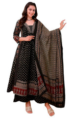 KLOSIA Women's Rayon Printed Anarkali Kurta and Pant with Dupatta Set (Black)